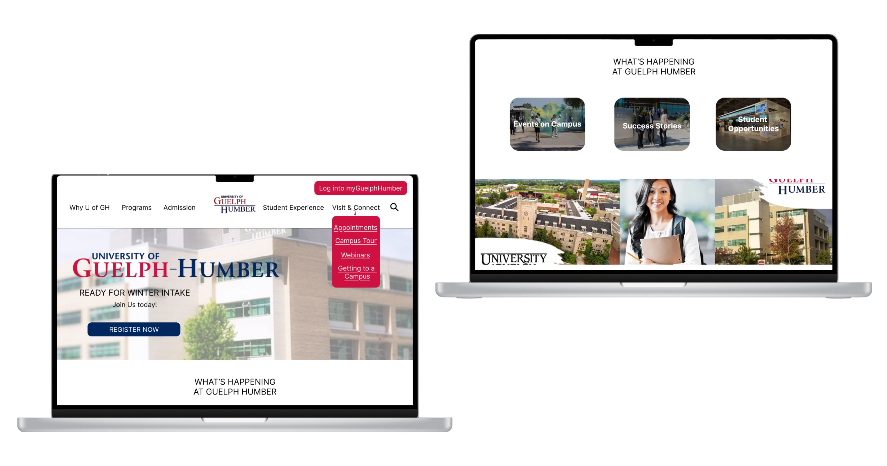 A high-fidelity design of the University of Guelph-Humber website displayed on a laptop screen. The layout features a professional and modern aesthetic with well-structured content sections, bold typography, and high-quality visuals. 