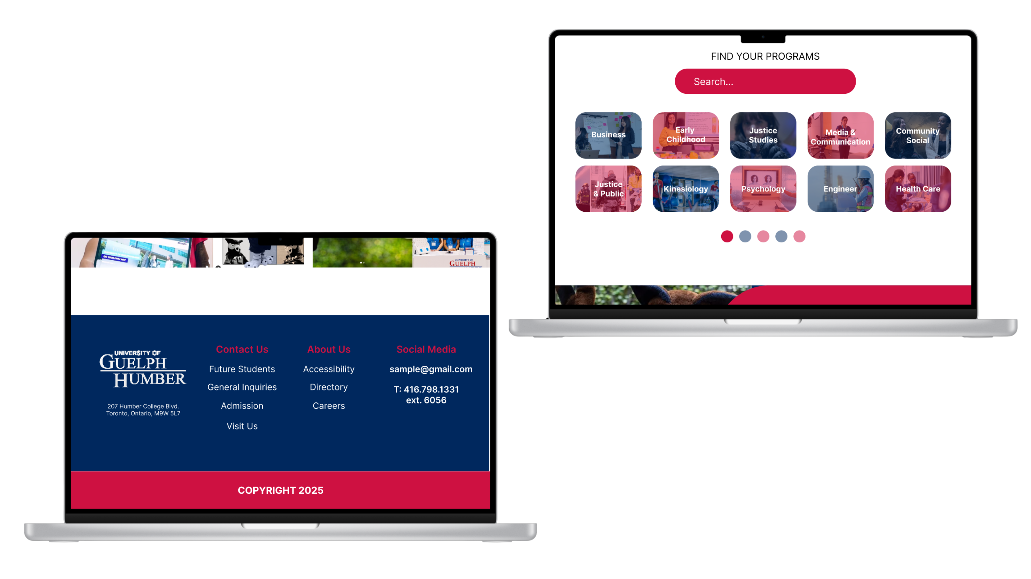 A high-fidelity mockup of the University of Guelph-Humber website displayed on a laptop screen. 