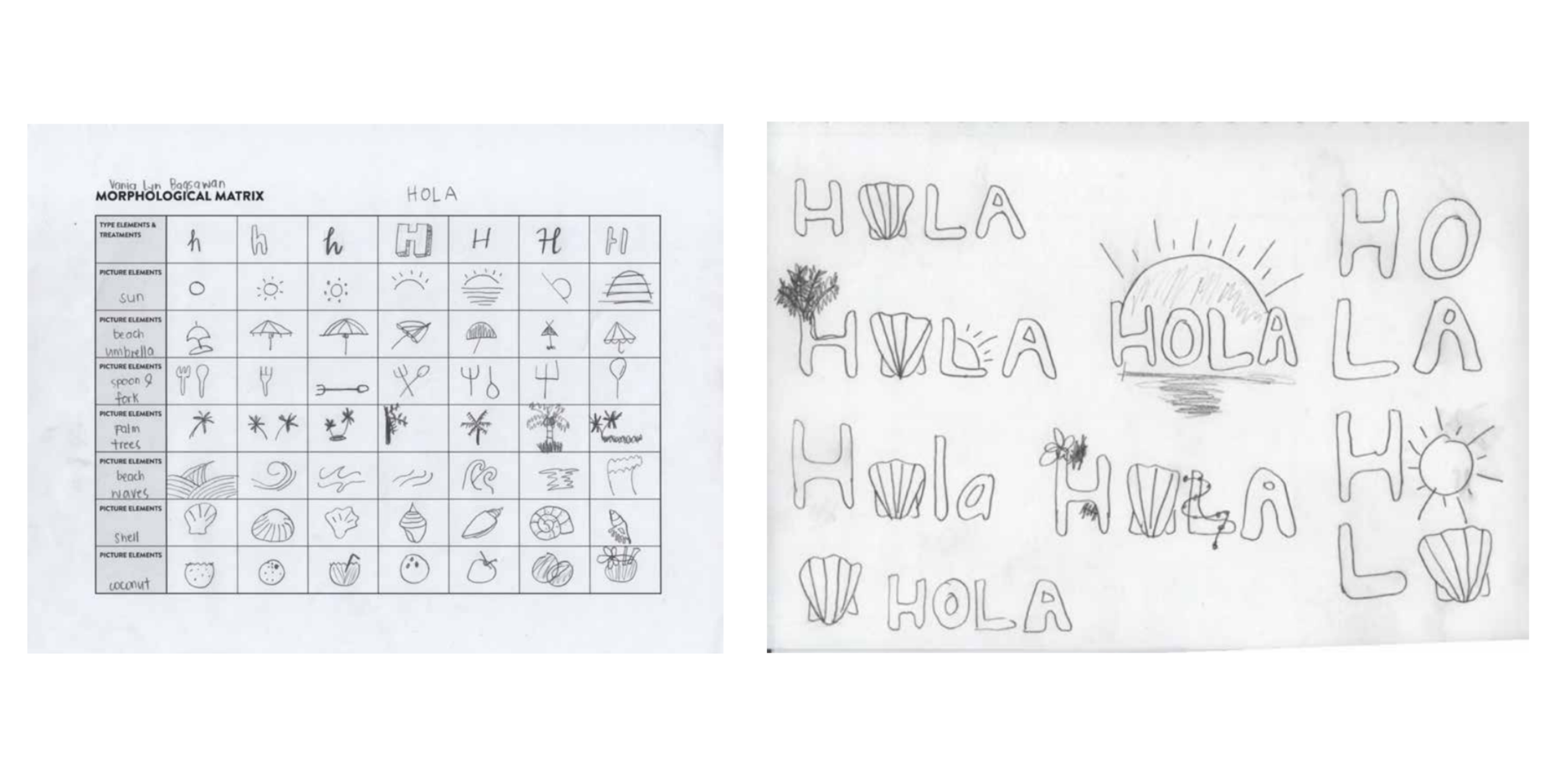 A collection of initial design sketches for the Hola Restaurant website, showcasing hand-drawn wireframes and layout concepts. 