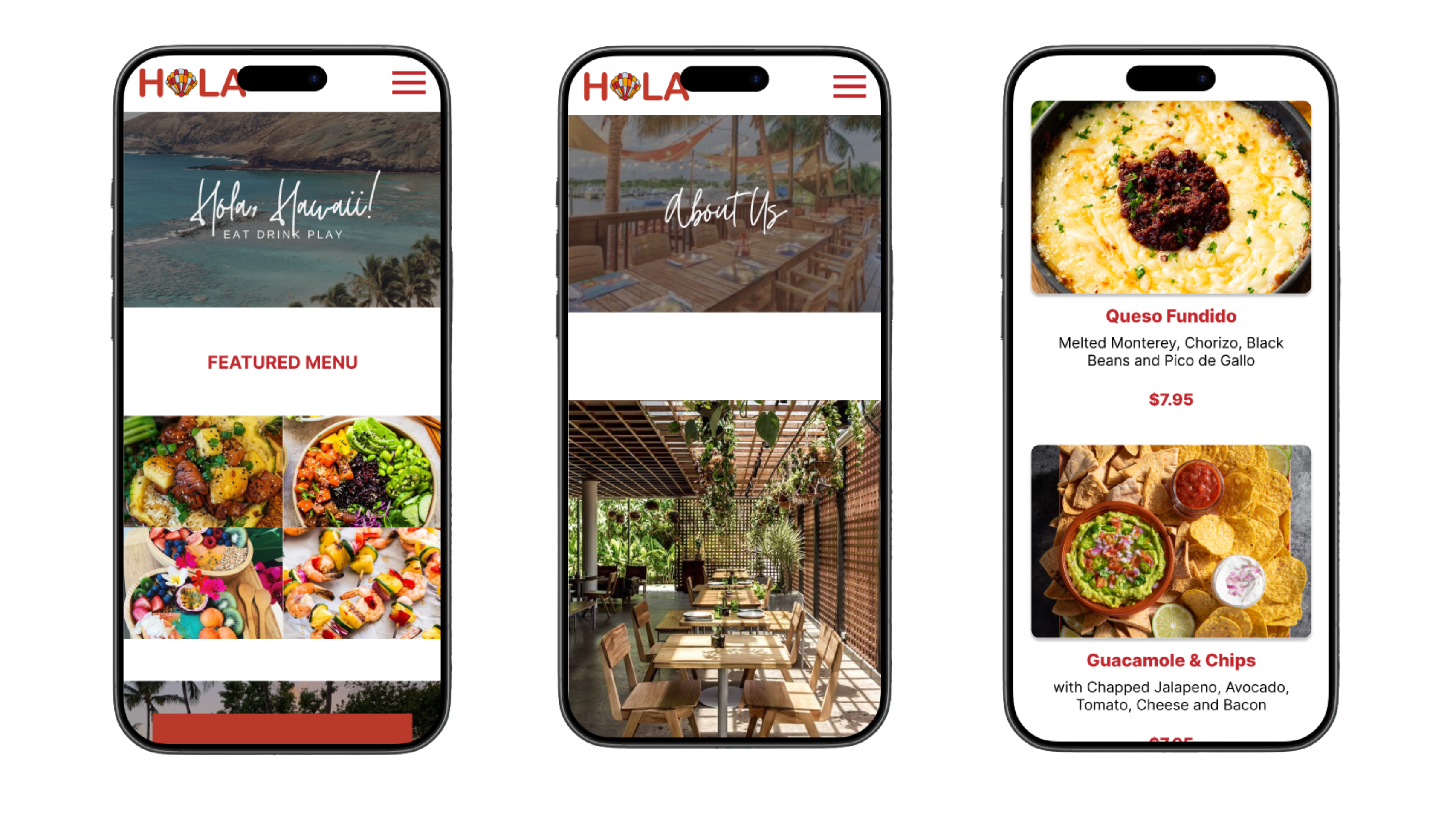 A mobile-friendly design of the Hola Restaurant website displayed on a smartphone screen. 