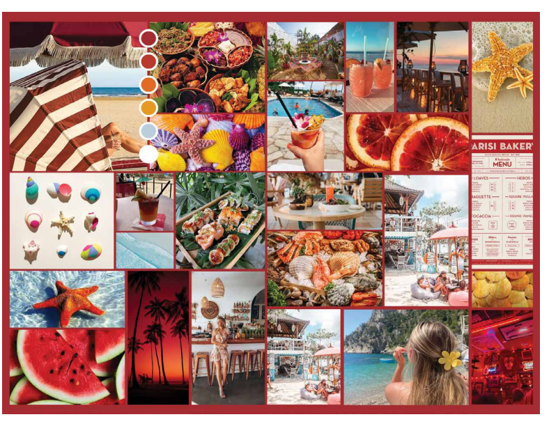 A curated color palette for the Hola Restaurant brand, featuring warm and tropical-inspired tones. The palette includes shades of earthy browns, vibrant oranges, deep reds, and soft neutrals, reflecting the restaurant’s inviting and coastal ambiance. 