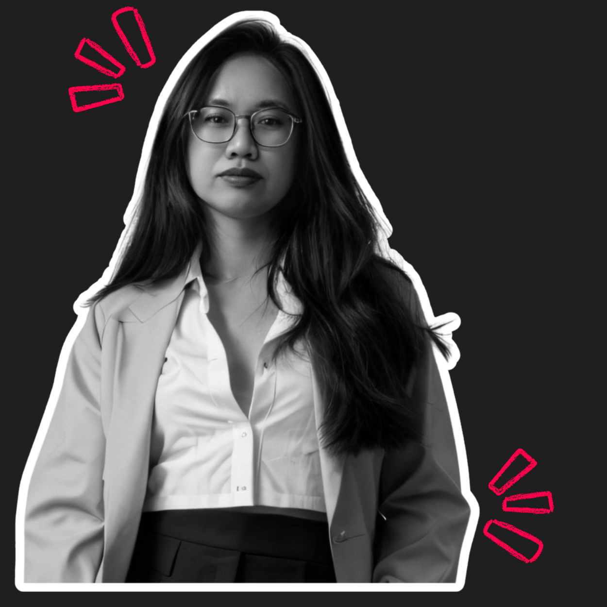 A professional headshot of Vania, featuring a confident and approachable expression. It is black and white, with well-balanced lighting highlighting facial features. Dressed in professional attire, the image conveys a polished and modern look suitable for a portfolio profile.