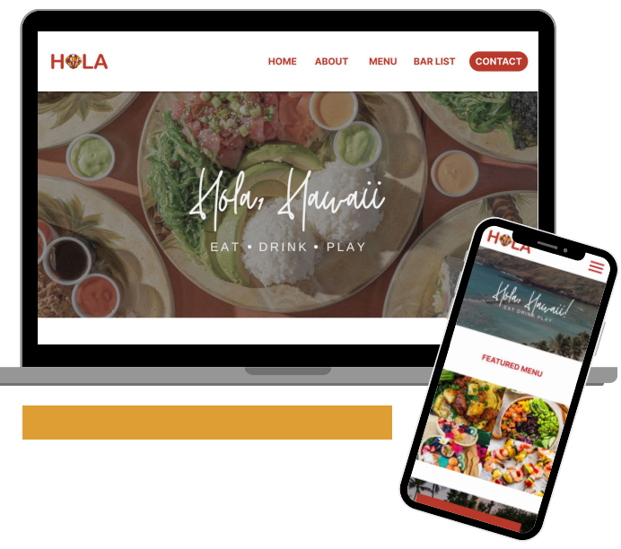 A digital showcase of the Hola Restaurant website displayed on both a laptop and a smartphone screen.