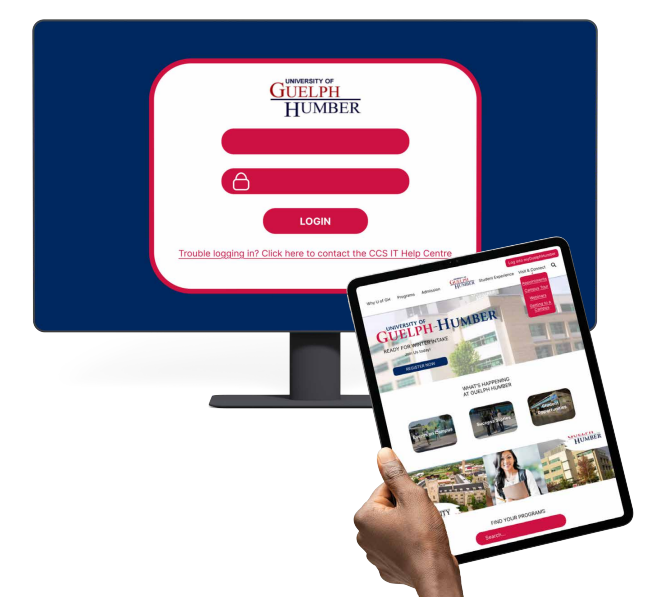 A digital showcase of the University of Guelph-Humber revamped website displayed on both a laptop and a smartphone screen. The design features a modern, professional, and user-friendly layout that enhances accessibility and visual appeal.