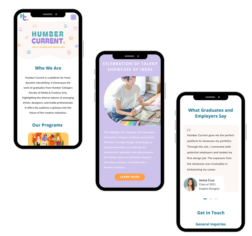 A digital showcase of the Humber Current website displayed on both a laptop and a smartphone screen. The website features a modern and visually engaging design, highlighting creative storytelling and showcasing the work of Humber College’s Media & Creative Arts graduates. 
