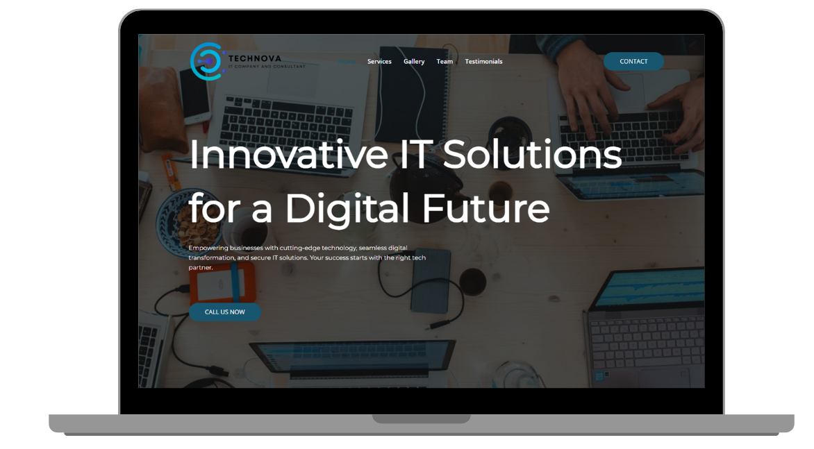 A digital showcase of the TechNova IT Company website displayed on both a laptop and a smartphone screen. The website features a sleek, modern design with a navy blue, black, and white color scheme, reflecting a high-tech and professional aesthetic. 