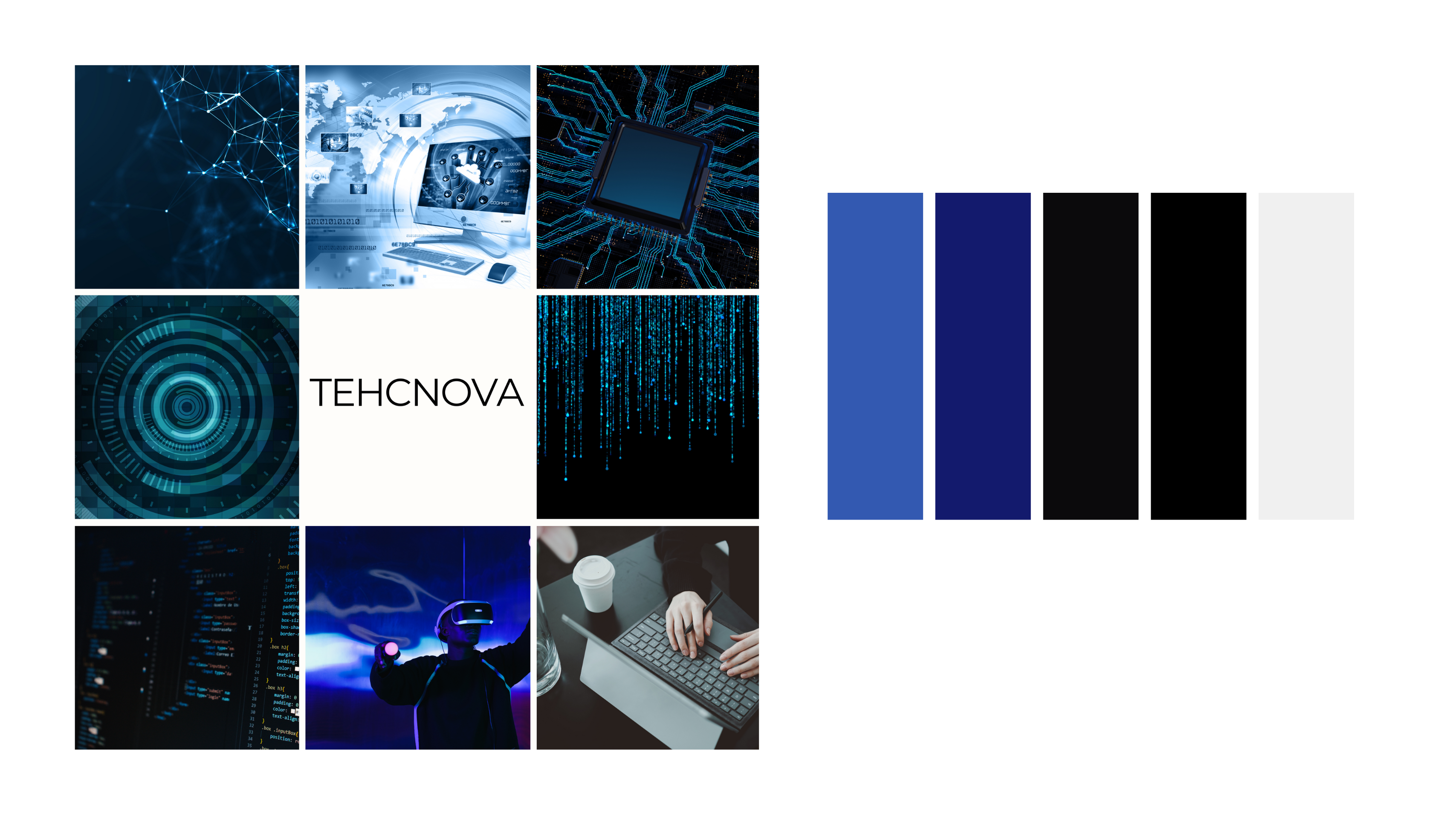 A moodboard for TechNova, featuring a collection of design inspirations that reflect a sleek, modern, and technology-driven aesthetic. The collage includes images of futuristic interfaces, abstract digital elements, and a professional IT-focused theme. 
