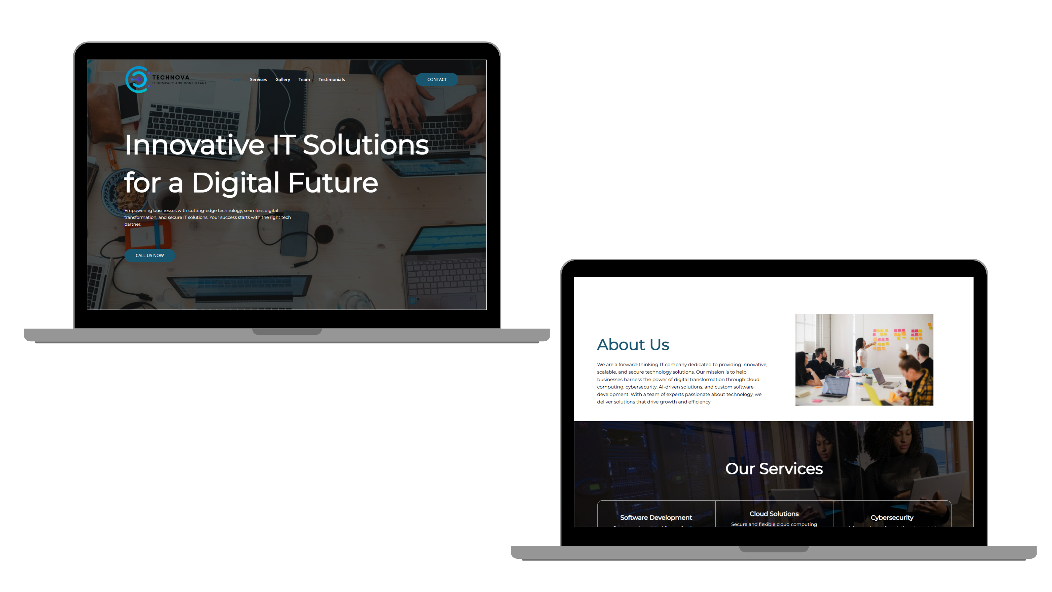A high-fidelity mockup of the TechNova website displayed on a laptop screen. The design features a sleek and modern interface with a navy blue, black, and white color scheme, reflecting professionalism and innovation. 